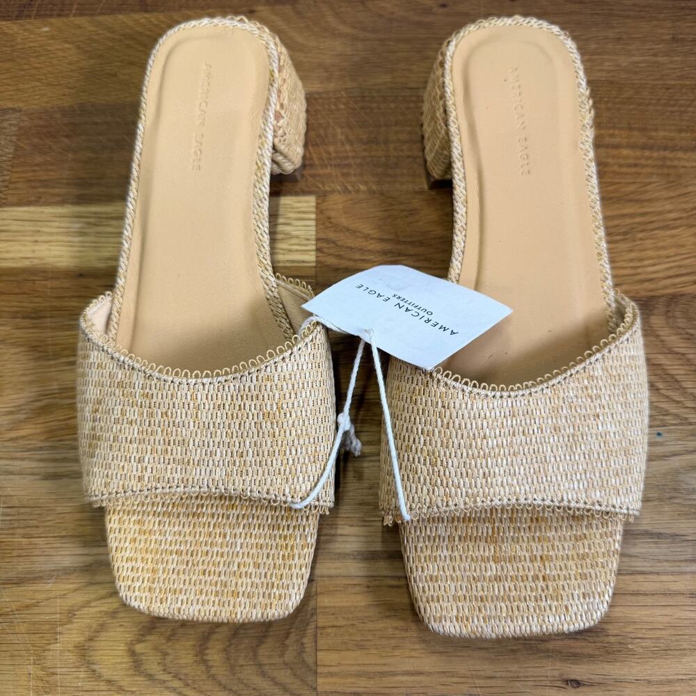 American Eagle Square Toe Mules Sandals Women's 6 Raffia Block Heel New - Picture 3 of 9